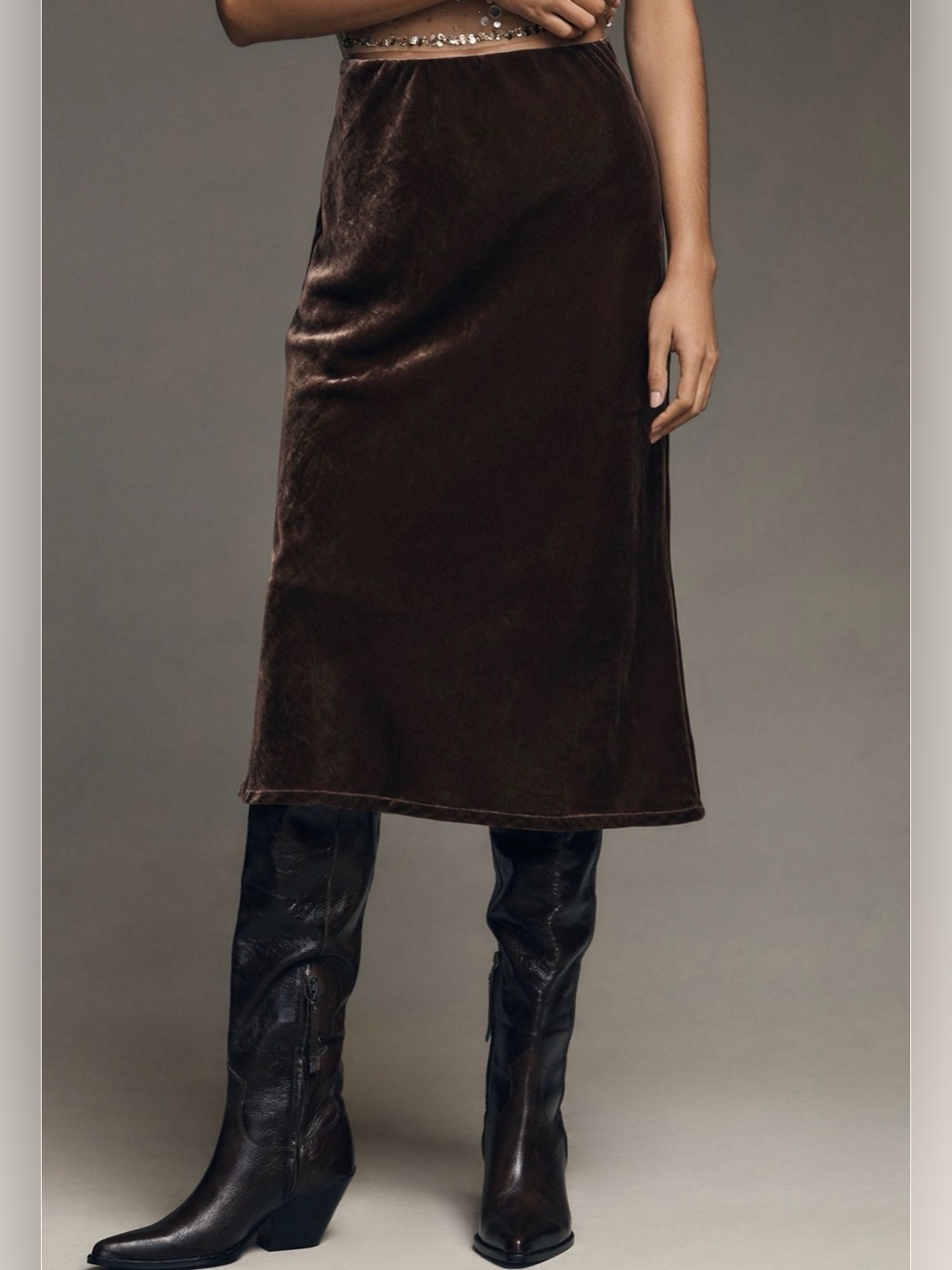 Anthropologie The Tilda Chocolate Brown Velvet Midi slip Skirt